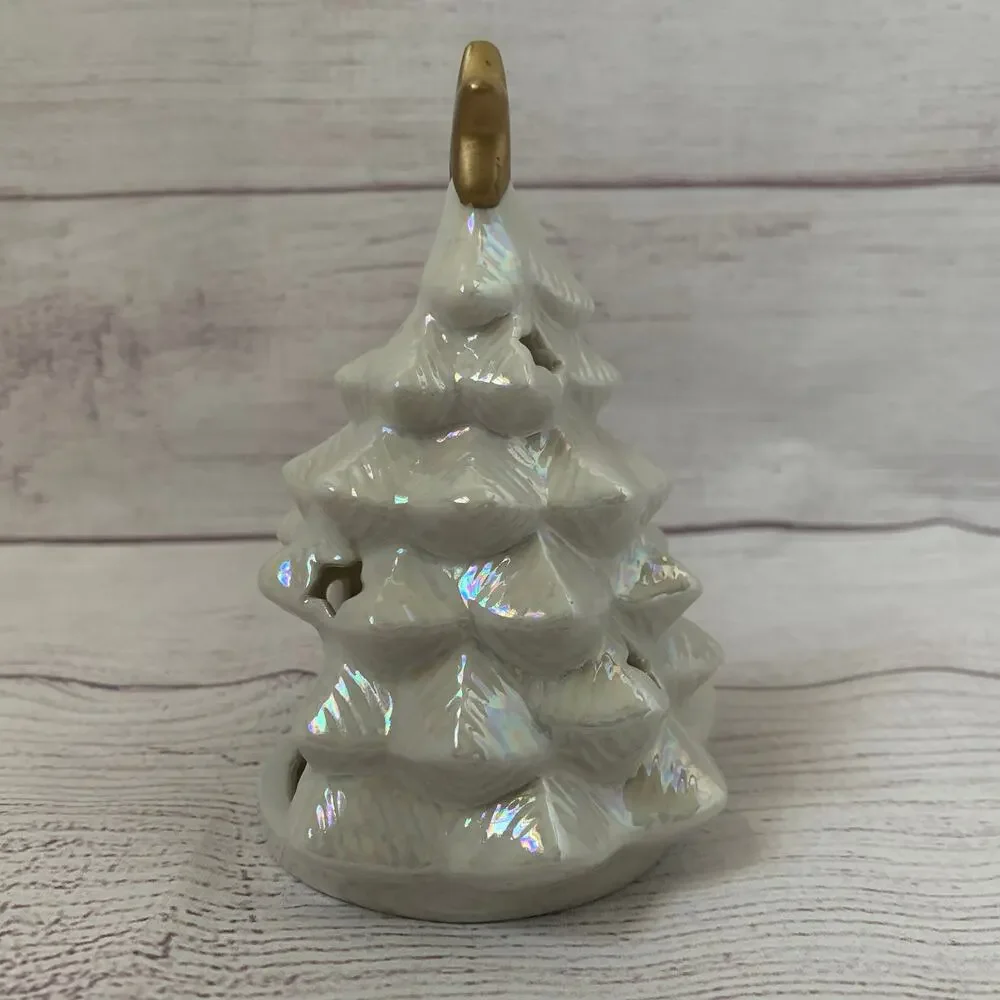 Vintage American Greetings White Iridescent Ceramic Christmas Tree Candle Holder